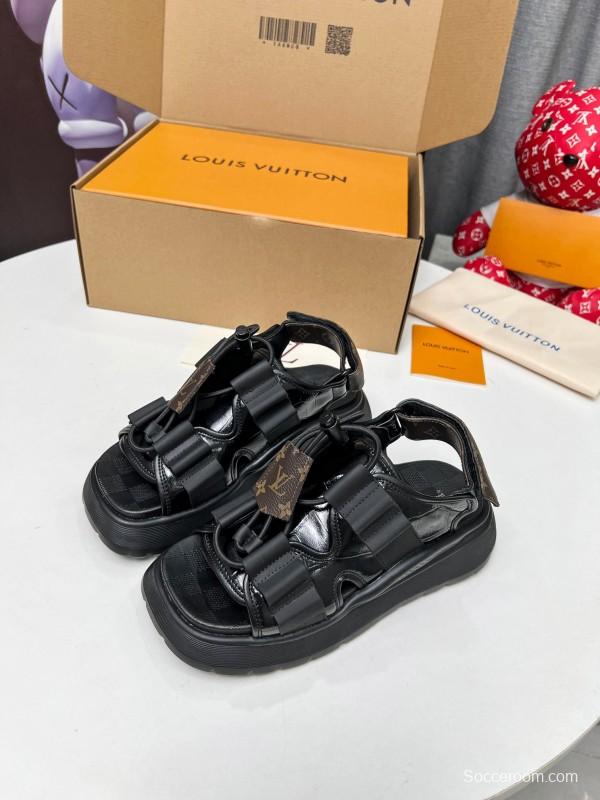 2025 Women Louis Vuitton Black Leather Fabric Sandals LV00310