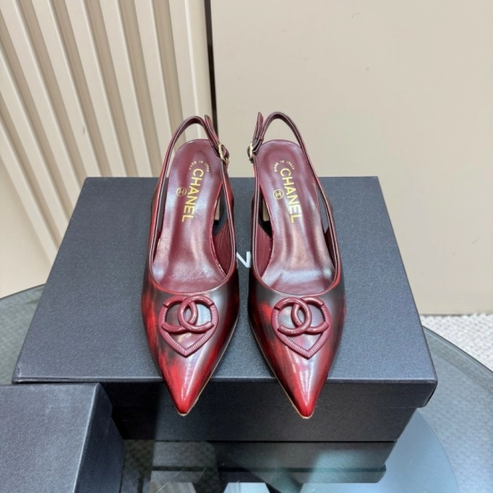 2025 Women Chanel Burgundy Leather Slingback Heels KFY00290