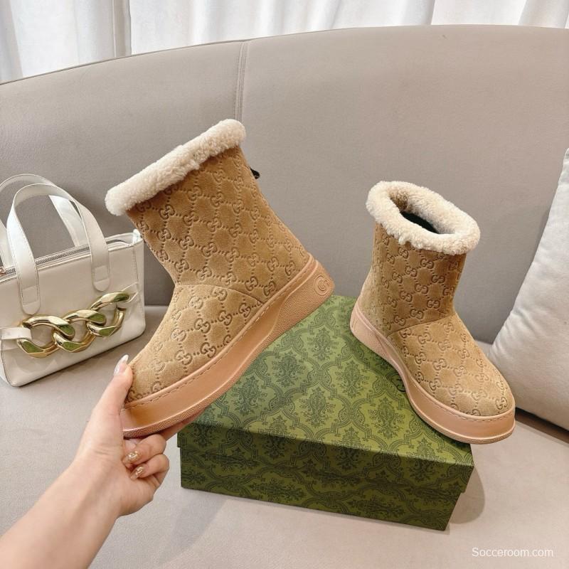 2024 Women Gucci beige suede snow boots with shearling lining MJ00350