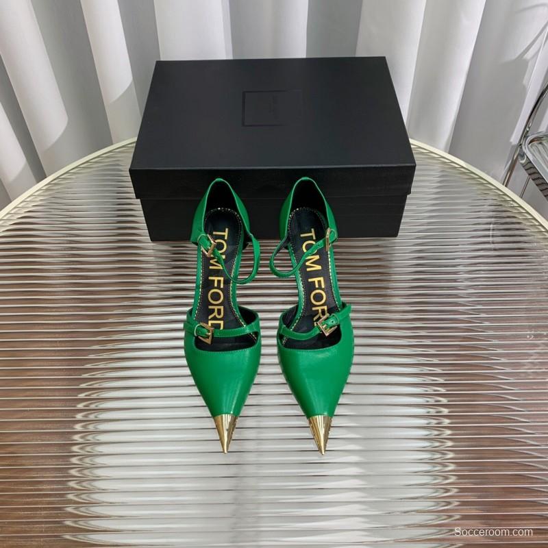 2025 Women TOM FORD Green Gold Leather Pointed Toe Mary Jane KFY00320