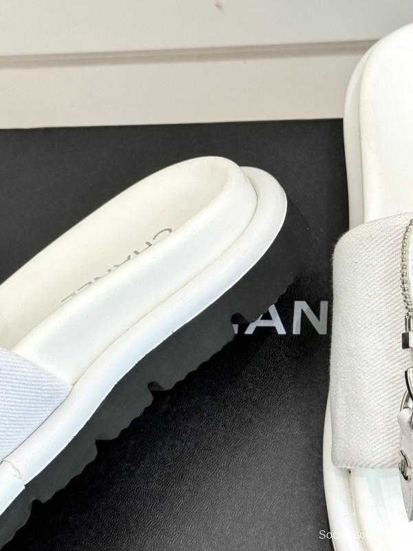 2025 CHANEL White Canvas Slippers KFY00220