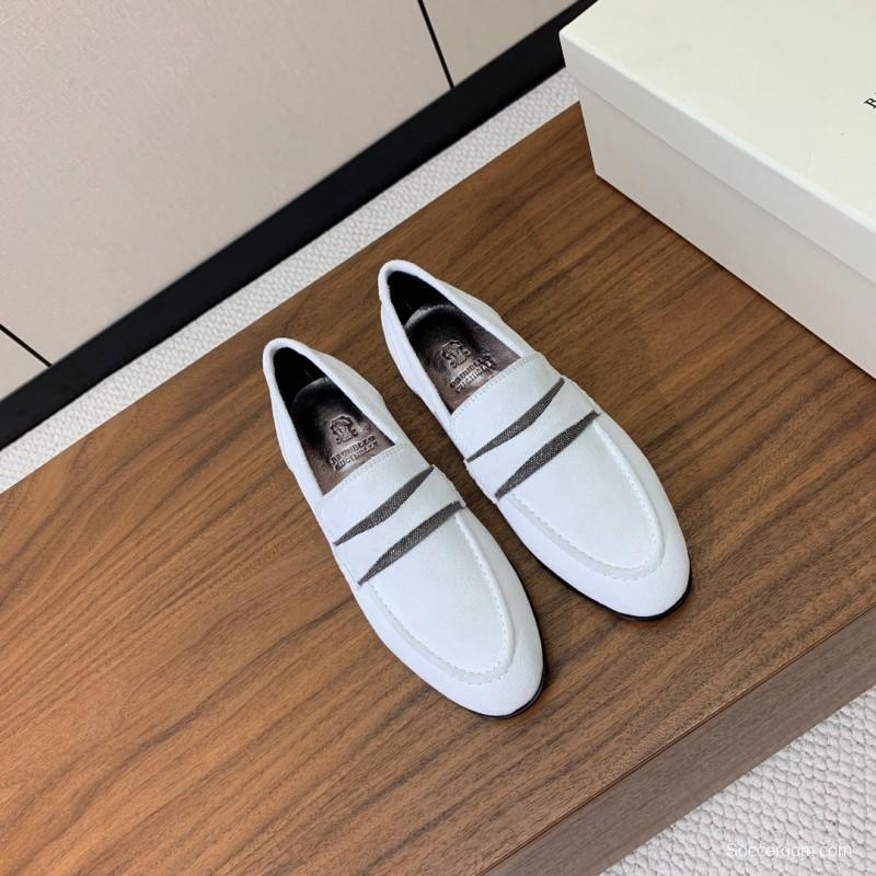 2025 Women Brunello Cucinelli White Suede Loafers Handcrafted Bead Chain Detail LY00360 (F)