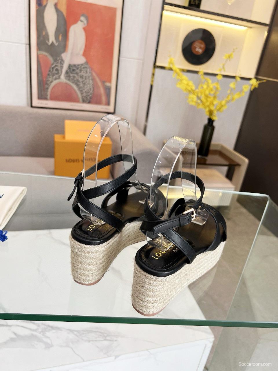 2025 Women Louis Vuitton Black Leather Espadrilles Sandals MJ00280