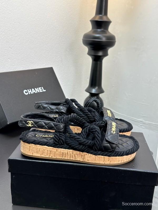 2025 Slippers Chanel Black Rope Leather Sandal LY00260