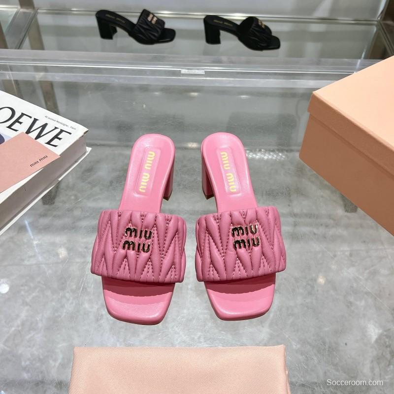 2025 Women Miu Miu Pink Sheepskin Heeled Sandals Quilted KFY00250