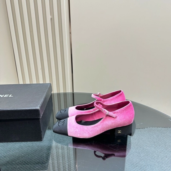 2025 Women Chanel Pink Black Velvet Mary Jane Shoes