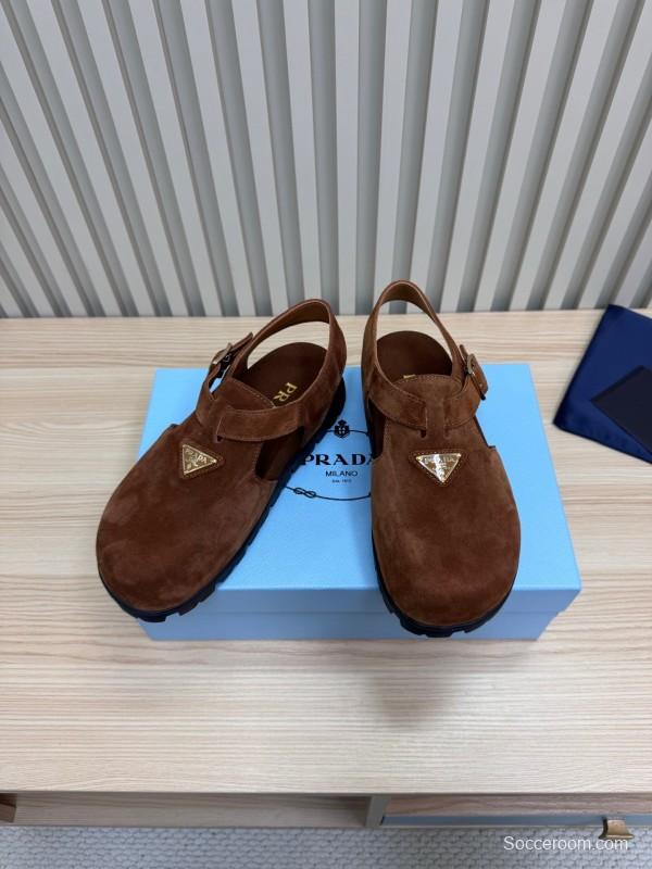 2025 Women Prada Brown Suede Slingback Buckle Sandals LY00280