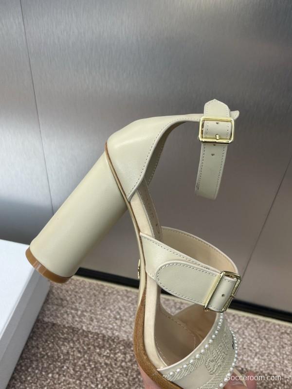 2025 Women Dior Beige Calf Leather Sheepskin Pearl Embroidered High Heel Sandals KFY00320