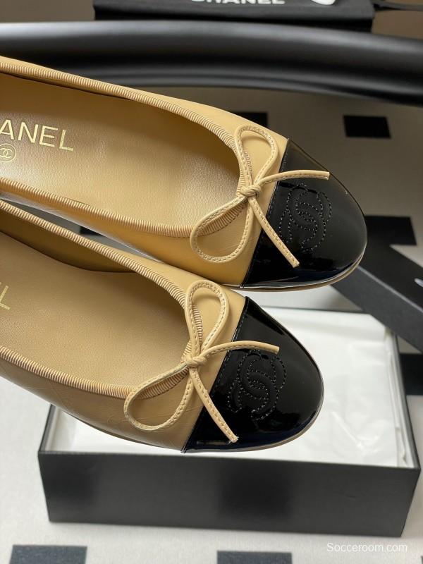 2025 Women Chanel Beige Black Leather Ballet Flat Bow