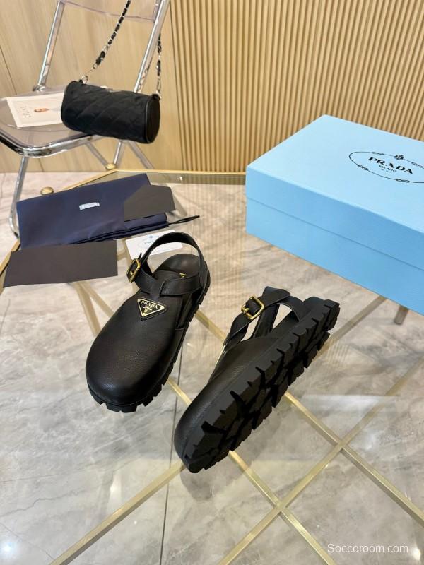 2025 Women Prada Black Leather Sandals LY00280