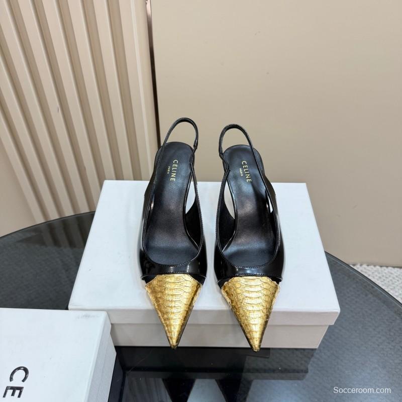 2025 Women CELINE Black Gold Leather Slingback Heels