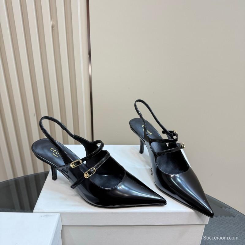 2025 Women CELINE Black Patent Leather Slingback Heels