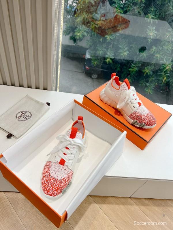 2024 Unisex Hermès white orange leather knit sneakers