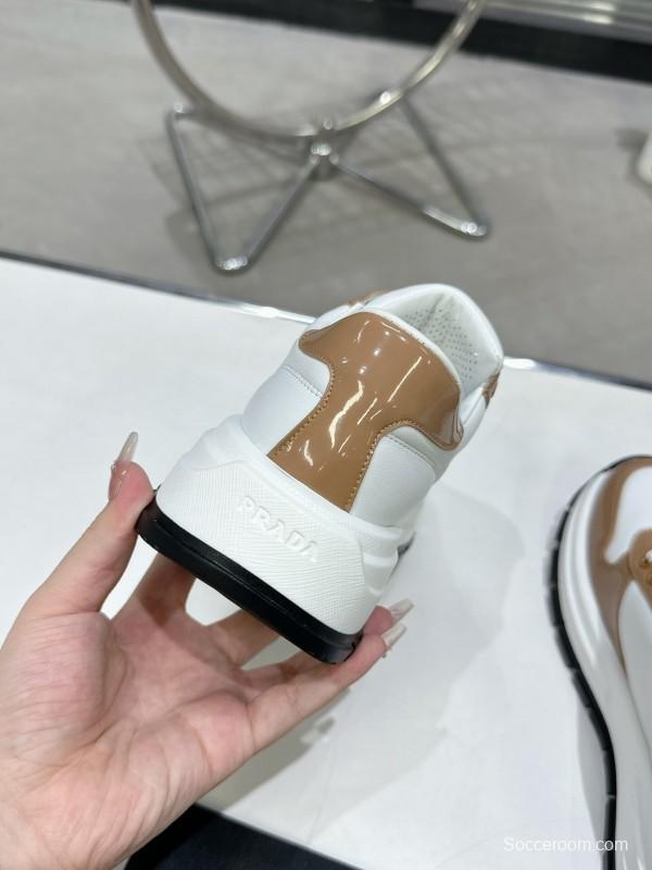 2025 Women Prada White Brown Leather Sneakers