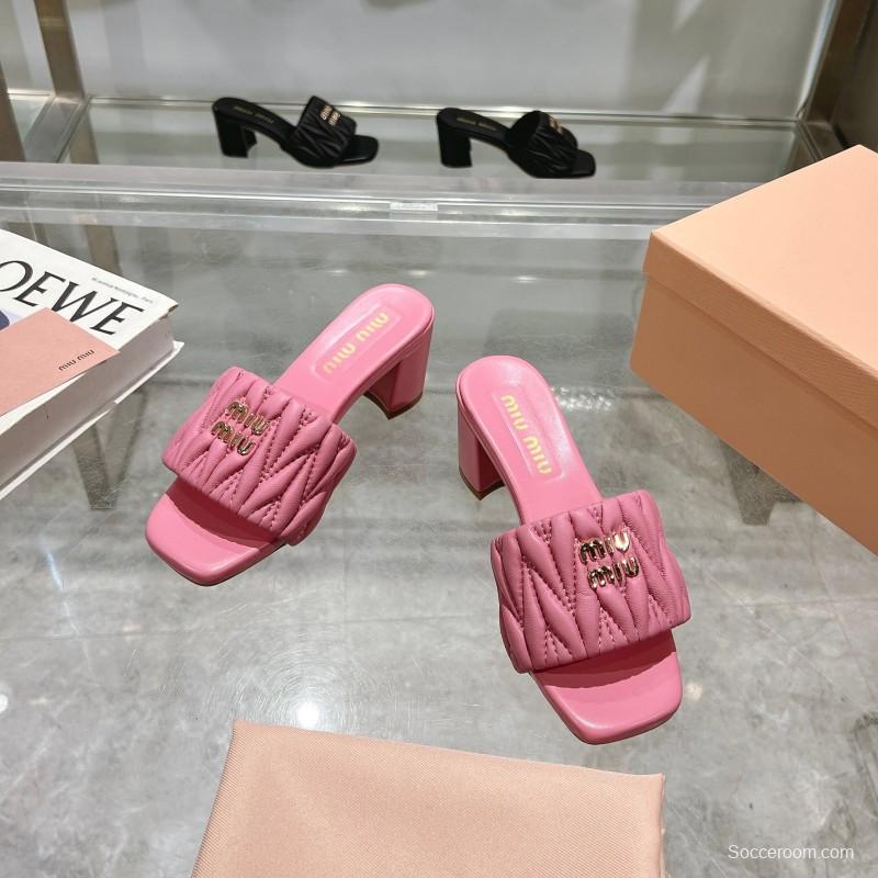 2025 Women Miu Miu Pink Sheepskin Heeled Sandals Quilted KFY00250
