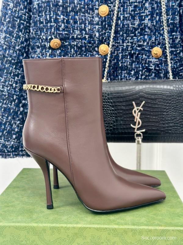 2024 Women Gucci brown calf leather ankle boots chain MJ00410