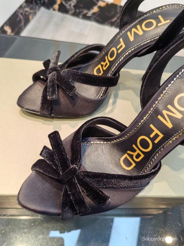 2025 Women TOM FORD Black Velvet High Heel Slingback Bow KFY00300