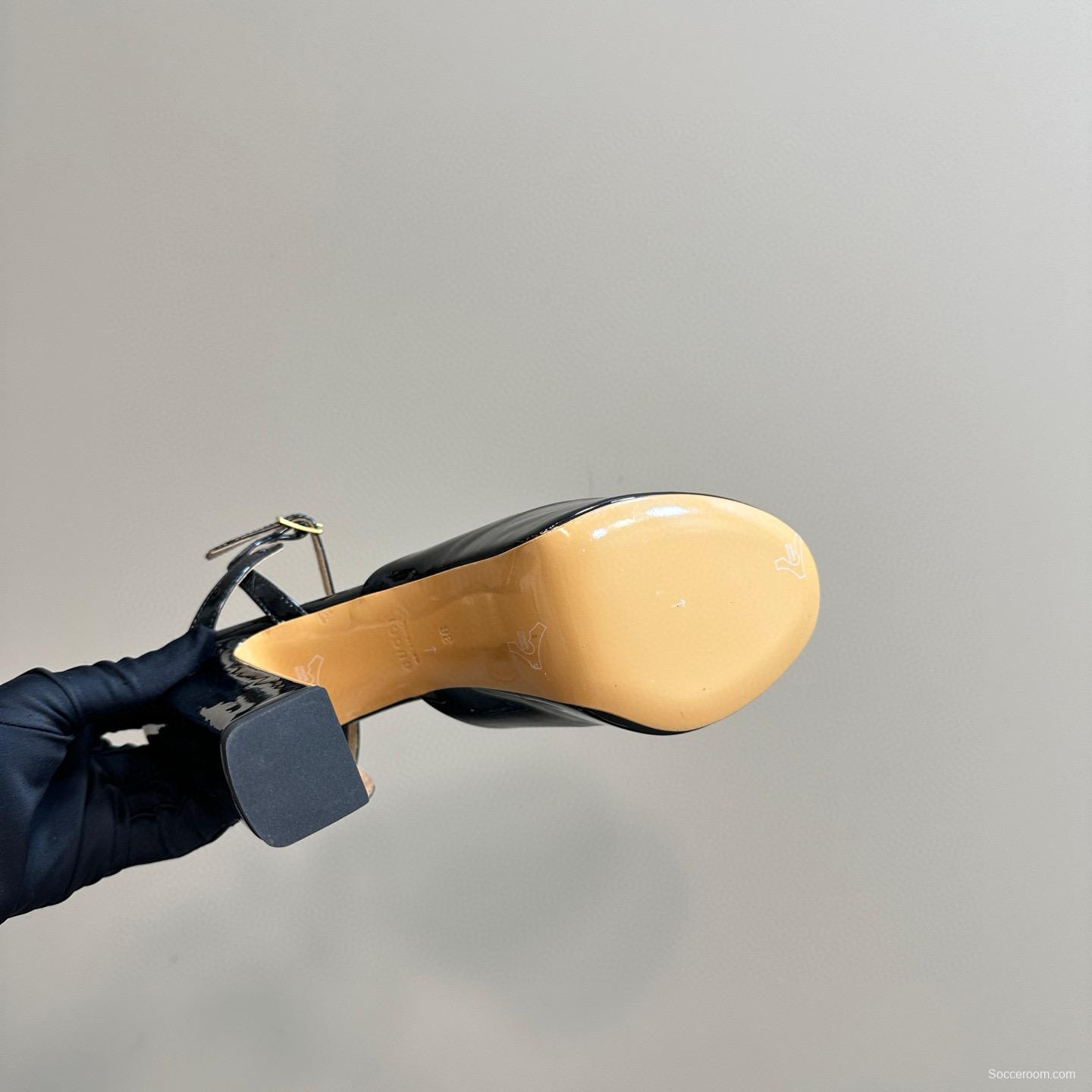 2025 Women Gucci Black Patent Leather Platform Sandals MJ00340