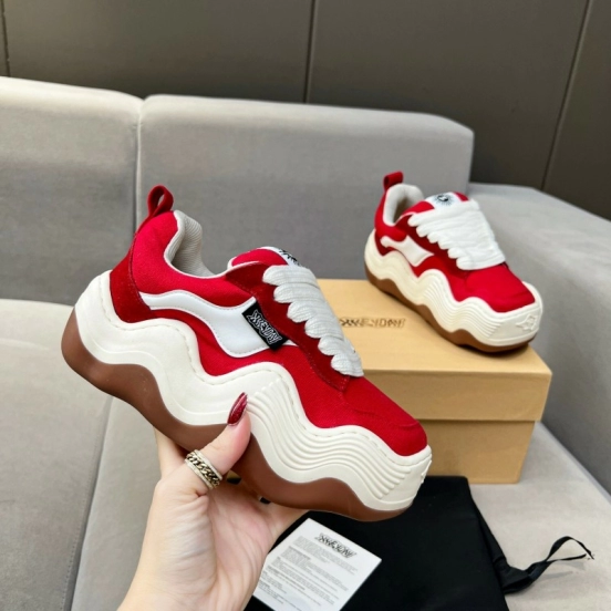 2025 Women HEYDAY Red White Canvas Leather Wave Sneakers