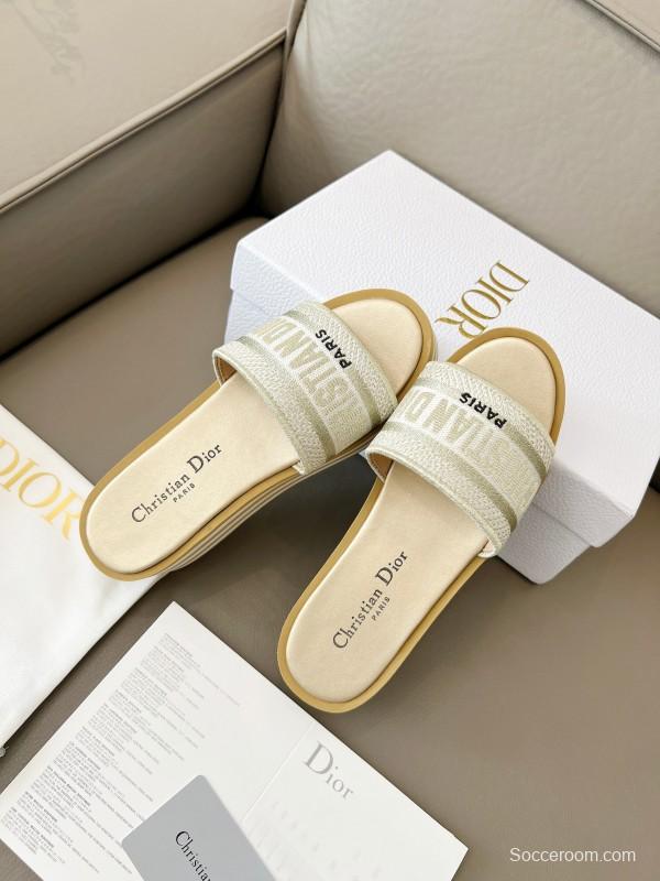 2025 Women Dior White Beige Canvas Platform Slippers