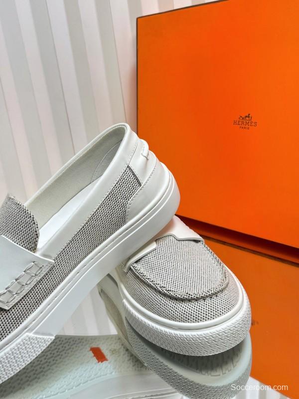 2025 Women Hermès White Mesh Leather Casual Loafers LY00310