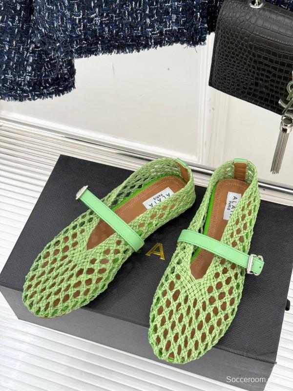 2025 Women AlAIA Green Leather Mesh Mary Jane