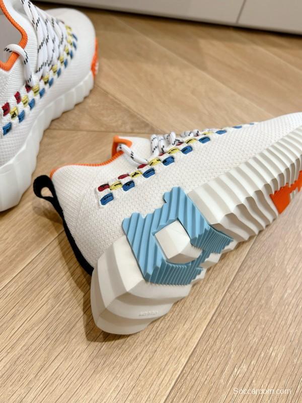 2024 Unisex Hermès White Blue Yellow Orange Calfskin Suede Sneakers MJ00290
