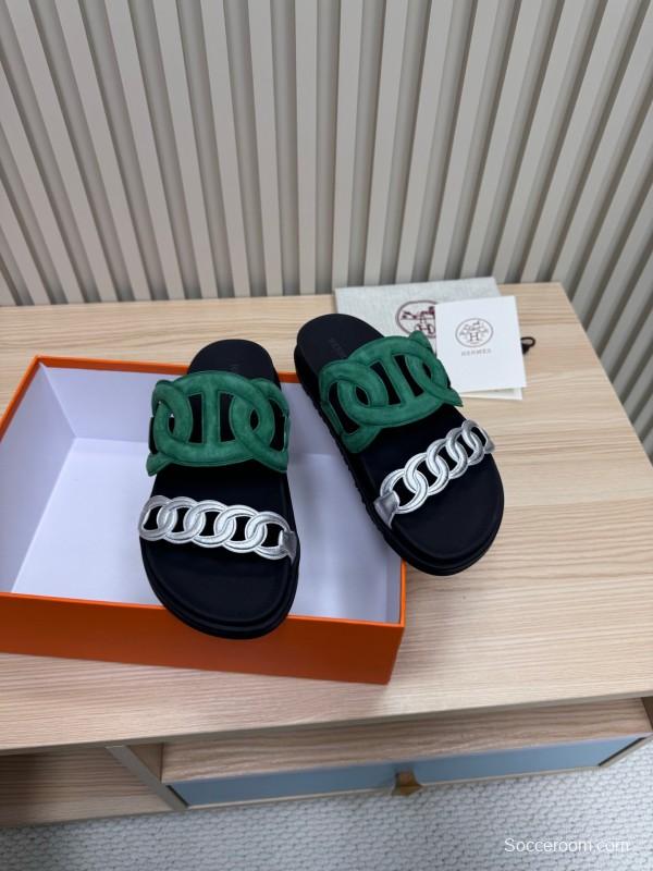 2025 Slippers Hermès Green Black Suede Leather Slippers