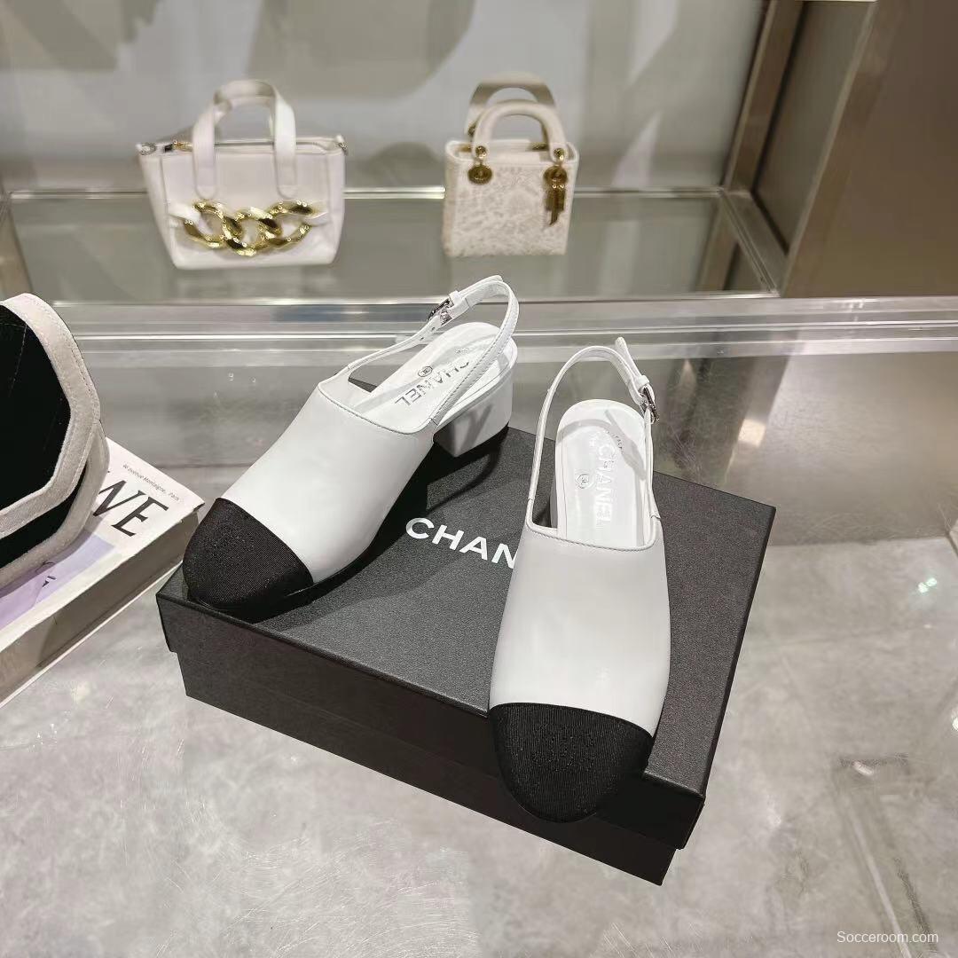 2025 Women Chanel White Black Leather Slingback Sandal LY00300