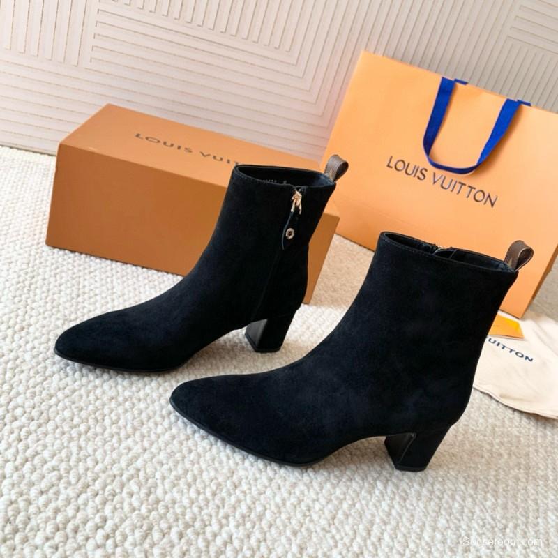 2024 Women Louis Vuitton black suede ankle boots