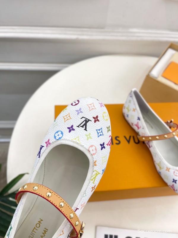 2025 Women Louis Vuitton White Multicolor Leather Ballet Flats KFY00300