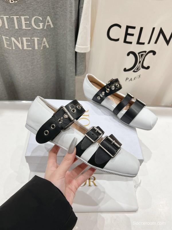 2025 Women Dior White Black Leather Mary Jane Buckle KFY00300