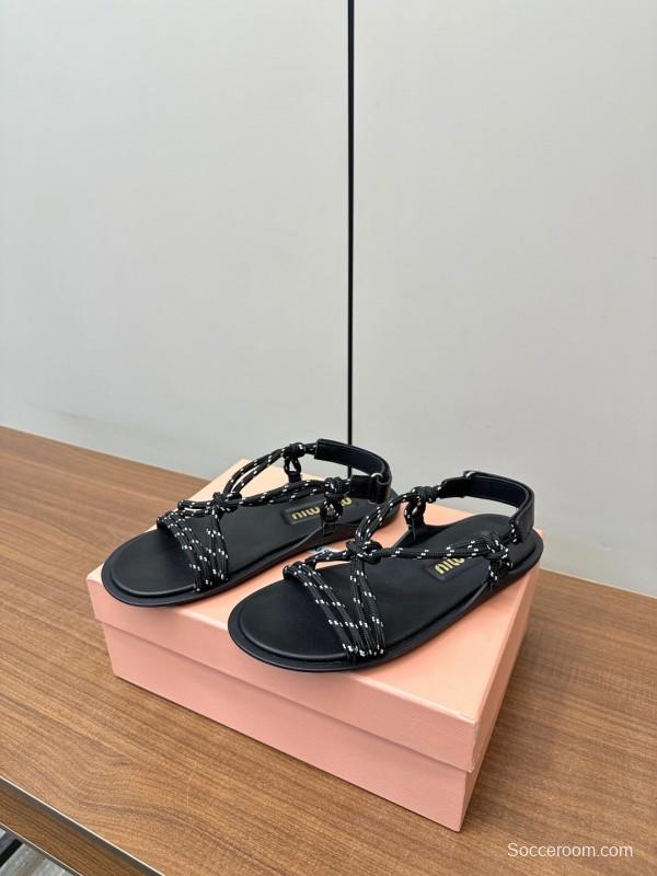 2025 Women Miu Miu Black Leather Rope Sandals