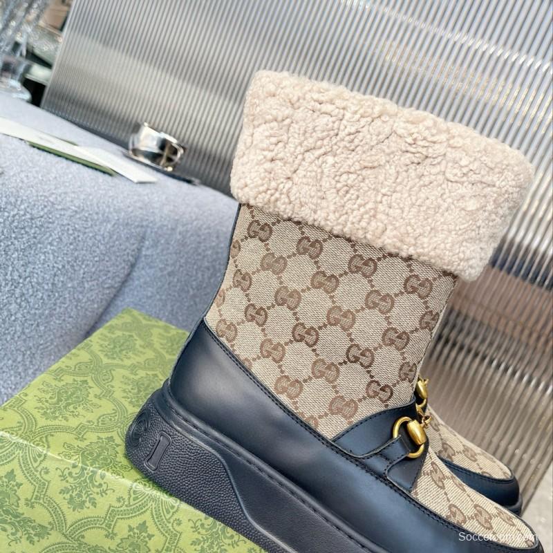 2024 Women Gucci Beige Brown Leather Snow Boots Horsebit MJ00420
