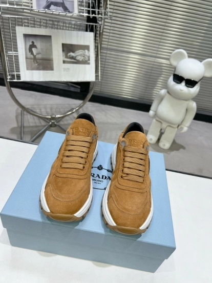 2025 Unisex Prada Brown Suede Leather Sneakers KFY00310