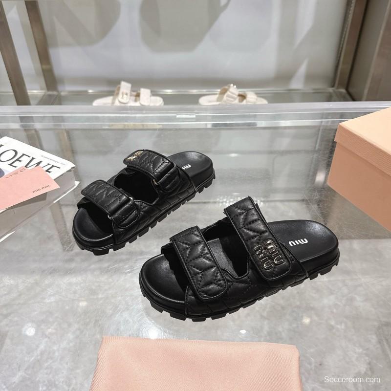 2025 Women Miu Miu Black Leather Slide Sandals