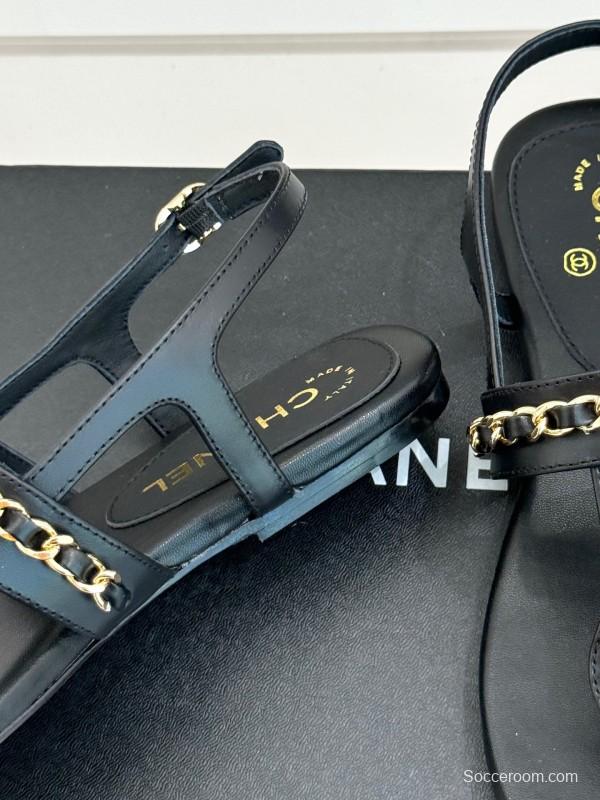 2025 Women Chanel Black Leather Sandals KFY00250