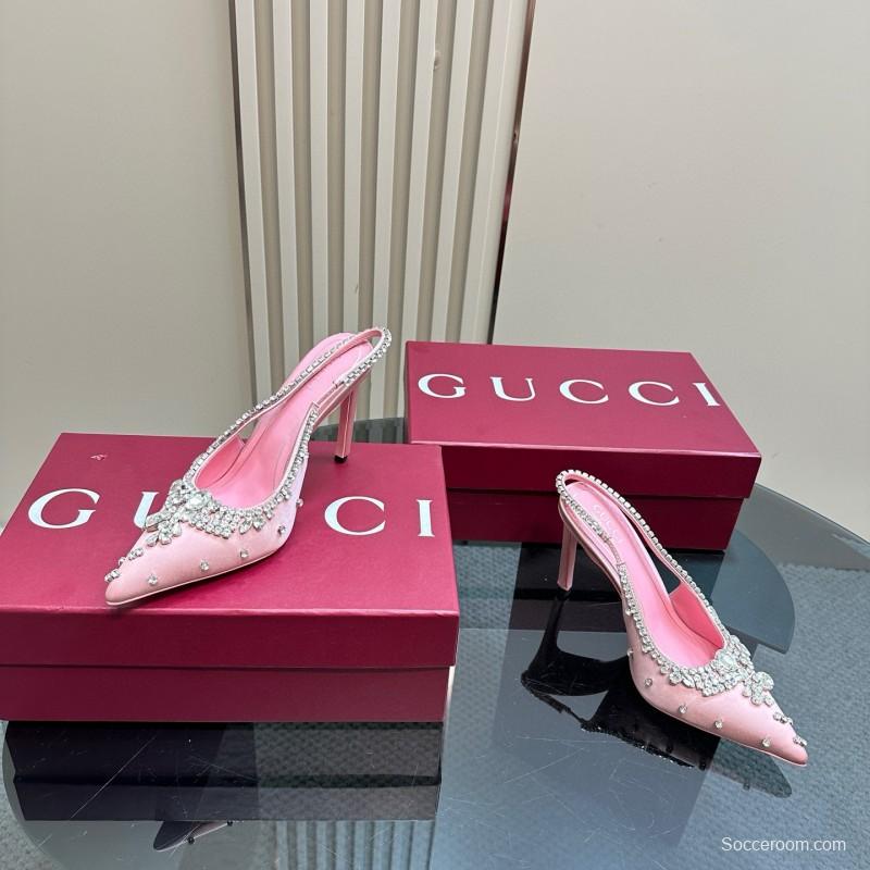 2025 Women Gucci Pink Silk Slingback High Heel Crystal MJ00340