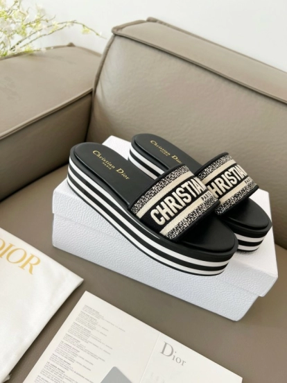2025 Women Dior Black White Canvas Platform Sandals