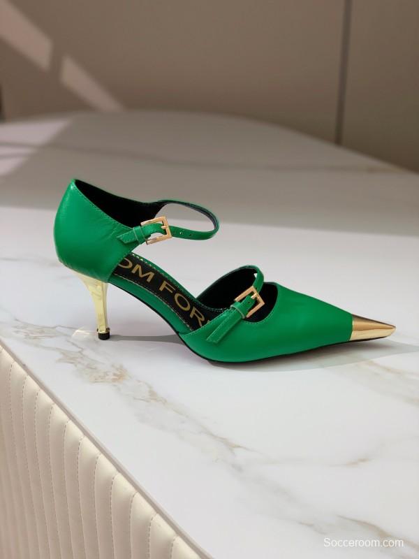 2025 Women TOM FORD Green Gold Leather Pointed Toe Mary Jane KFY00320