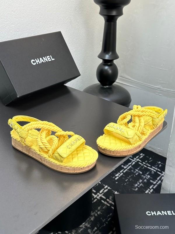 2025 Slippers Chanel Yellow Rope Cork Sole Sandals LY00260