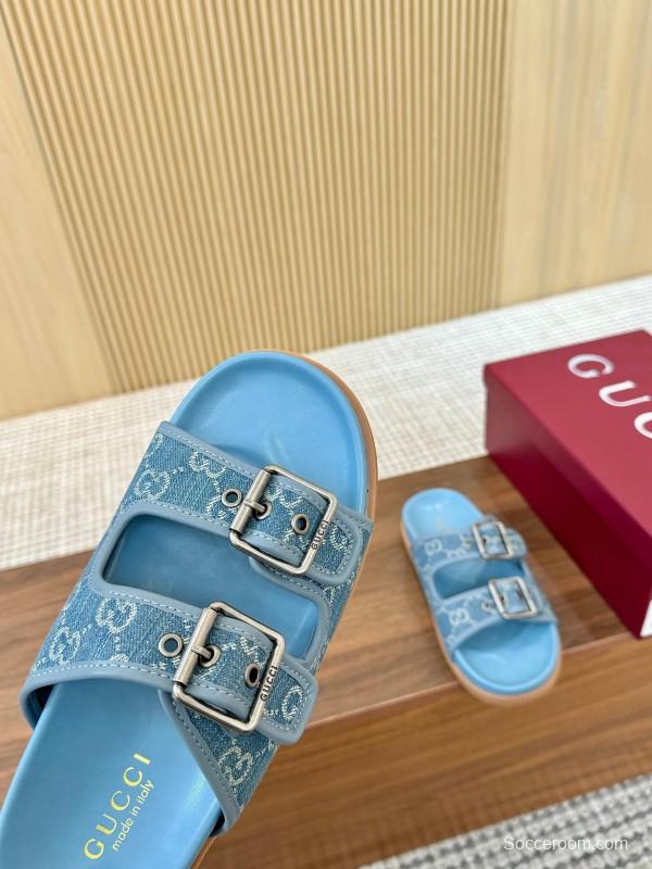 2025 Women Gucci Light Blue Canvas Leather Sandals