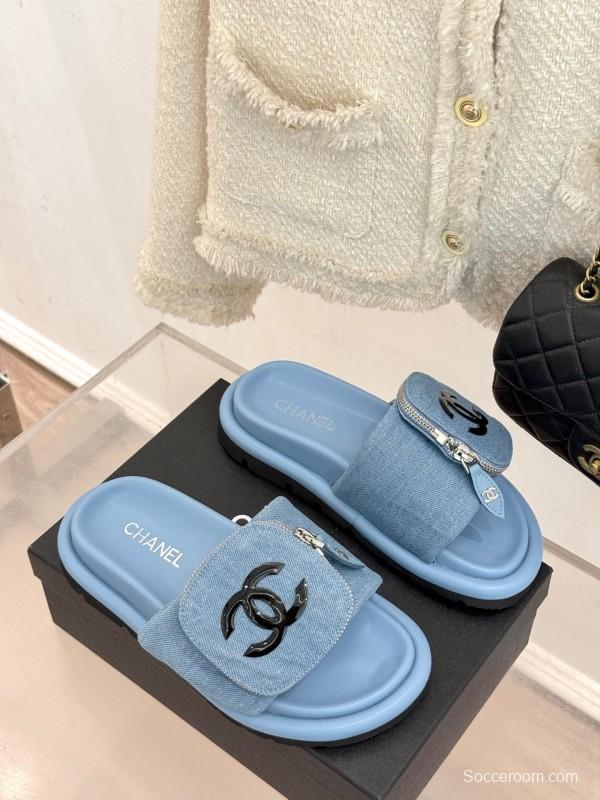 2025 Slippers Chanel Light Blue Denim Slippers KFY00220