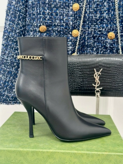 2024 Women Gucci Black Calfskin Leather Ankle Boots Chain MJ00410
