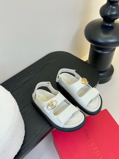 2025 Women Valentino White Leather Sandals V Buckle KFY00320