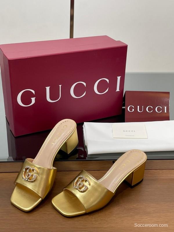 2025 Women Gucci Gold Leather Mules Block Heel