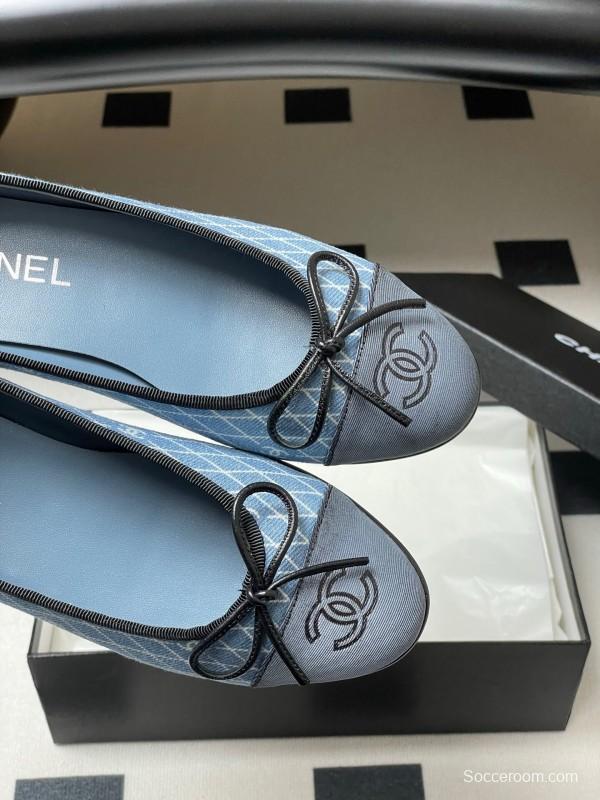 2025 Women Chanel Blue Denim Ballet Flats KFY00300