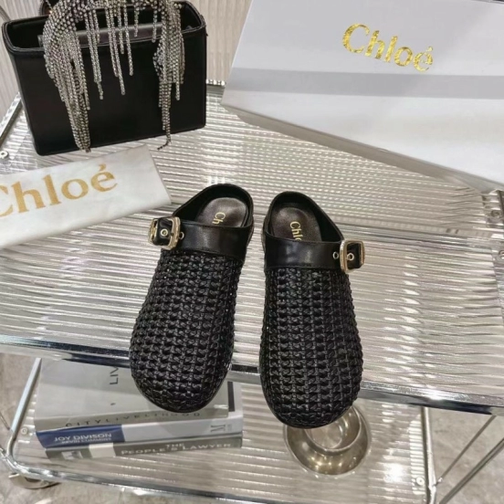 2025 Women Chloé Black Leather Woven Slippers