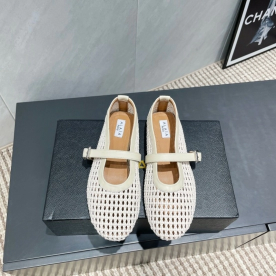 2025 Women Alaïa White Leather Woven Mary Jane Flat Shoes LY00360(F)