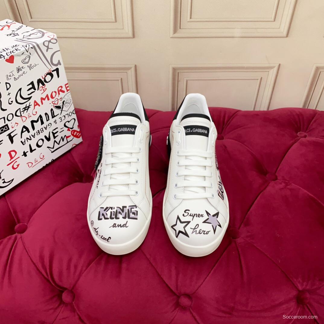 2025 Women Dolce & Gabbana White Black Leather Sneakers LY00340(F)